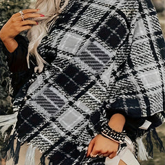 Plaid Print Sweater with Fringe Trim and V Neck