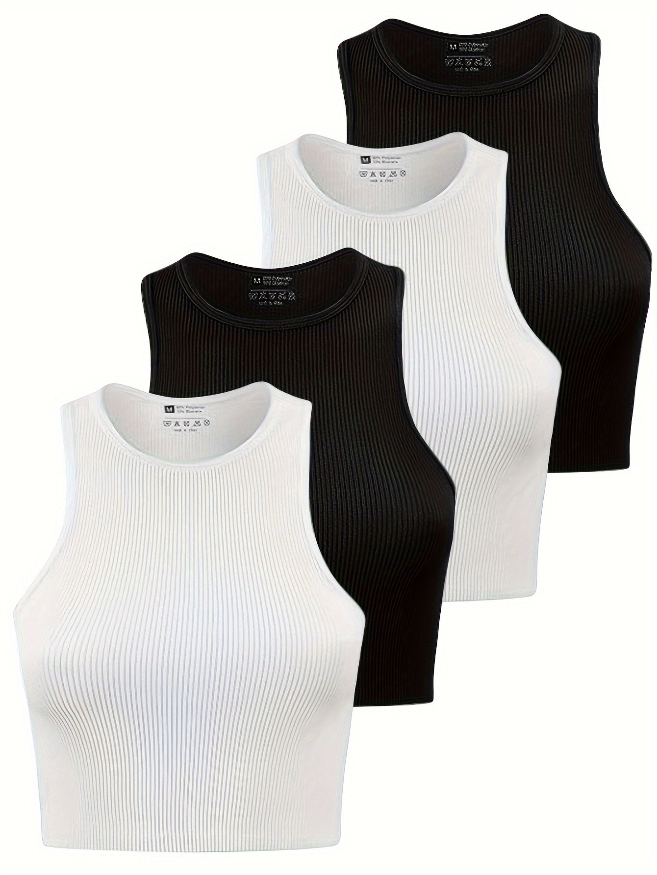 4Pcs Rib Knit Crop Tops Round Neck Racer Back Workout Tank Top Women's Activewea