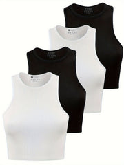 4Pcs Rib Knit Crop Tops Round Neck Racer Back Workout Tank Top Women's Activewea