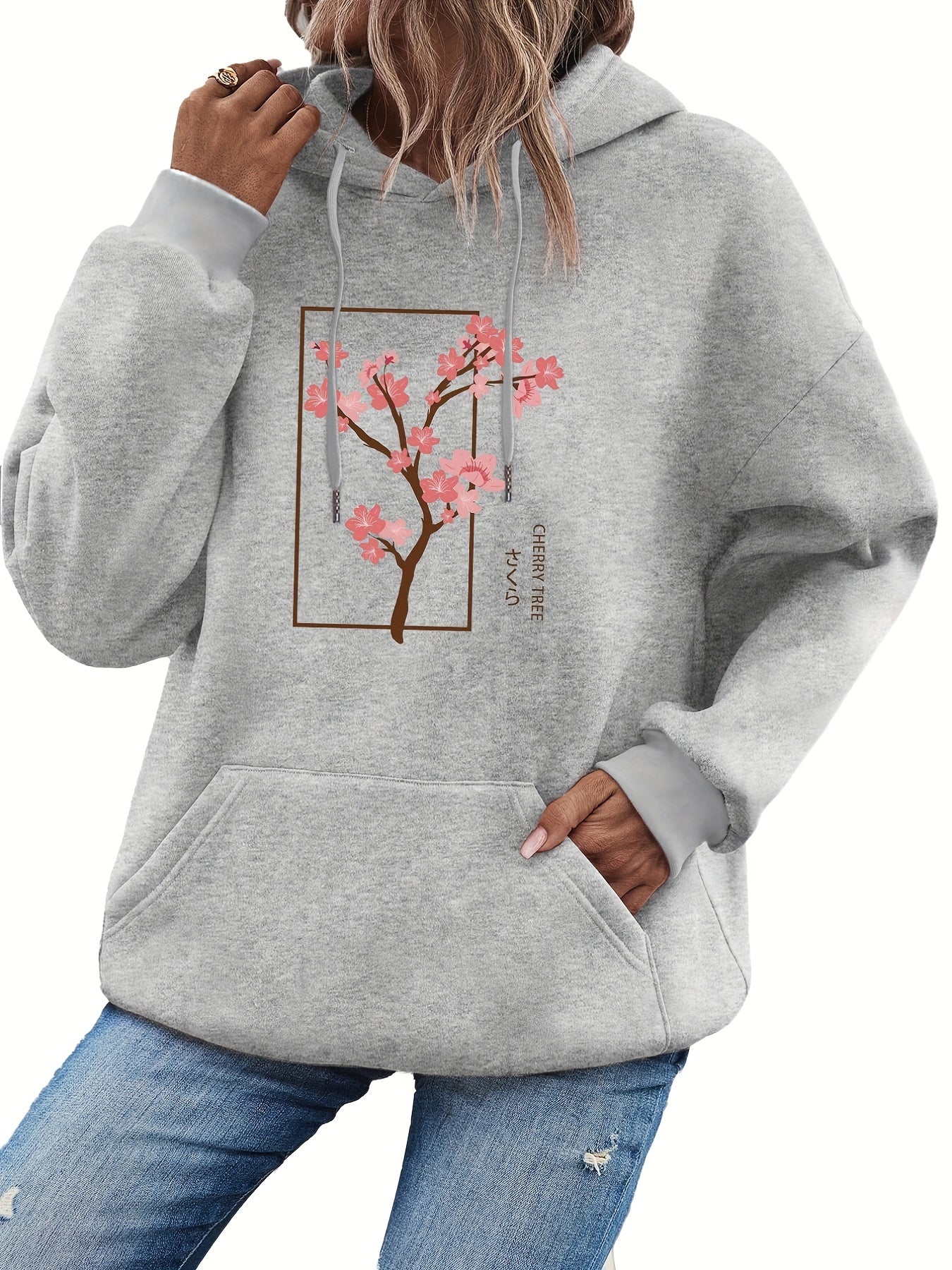 Cherry Tree Print Kangaroo Pocket Hoodie Women's Sweatshirt