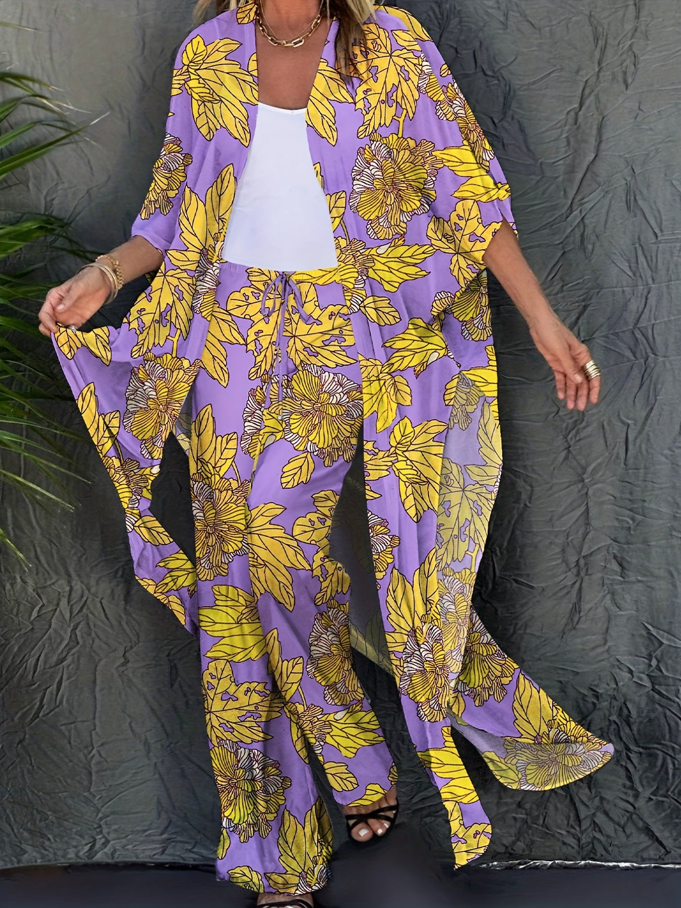 Purple Floral Pattern 2 Pc Swimsuit & Cover Up Set
