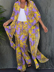 Purple Floral Pattern 2 Pc Swimsuit & Cover Up Set