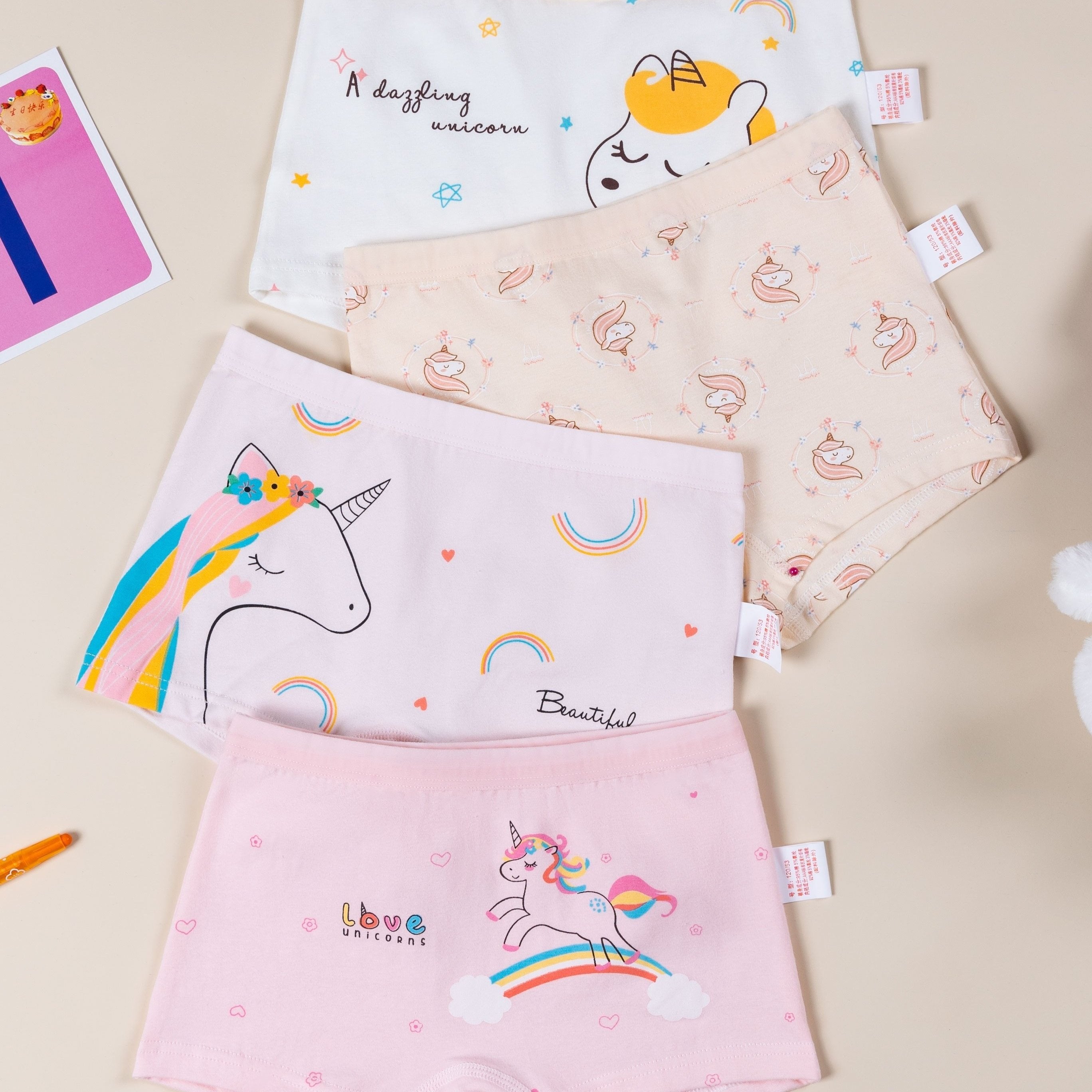 4pcs Girl's Unicorn Printed Cotton Square Pants Underwear