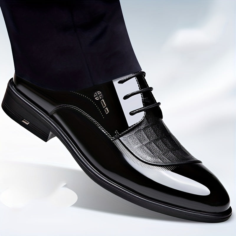 Men's Glossy Derby Shoes With Textured Detail Lace up Front Dress Shoes For Men