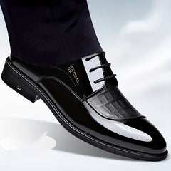 Men's Glossy Derby Shoes With Textured Detail Lace up Front Dress Shoes For Men