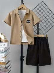 Boys Casual Letter Print Shirt & Shorts Set, Summer Kids Outfit