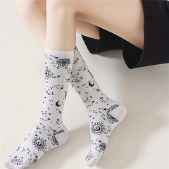 6 Pairs Moon & Sun Print Socks Halloween Mid Tube Women's Stockings