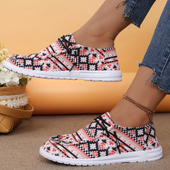 Geometric Printed Lace-Up Flat Shoes Round Toe Lightweight Walking Shoes