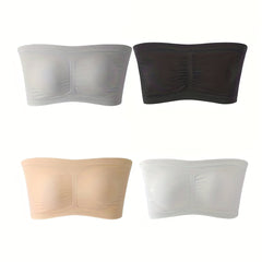4 Pack Plus Size Casual Tube Bra Women's Plus Solid Ruched High Stretch