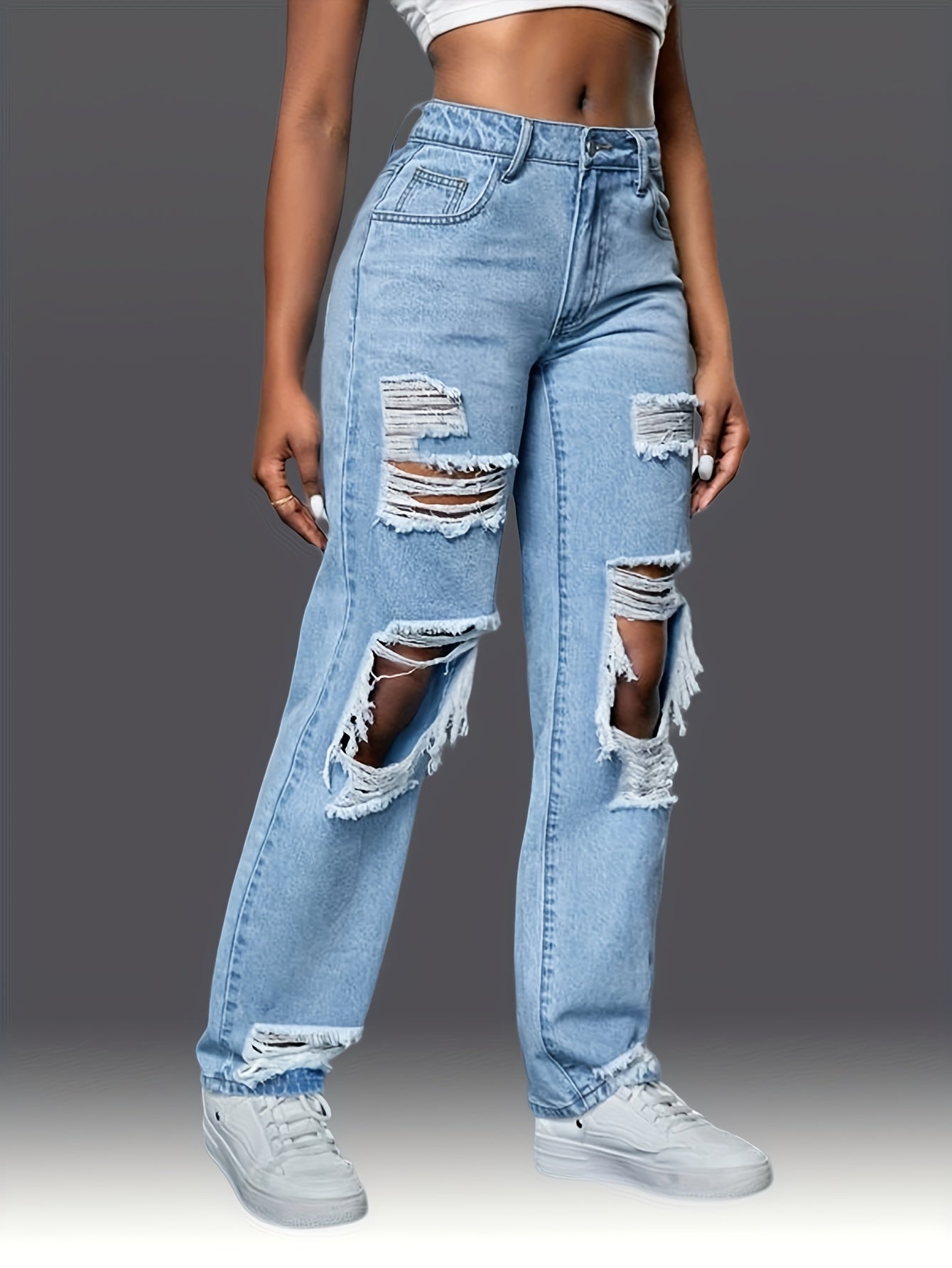 Distressed Boyfriend Style Wide Legs Women's Jeans