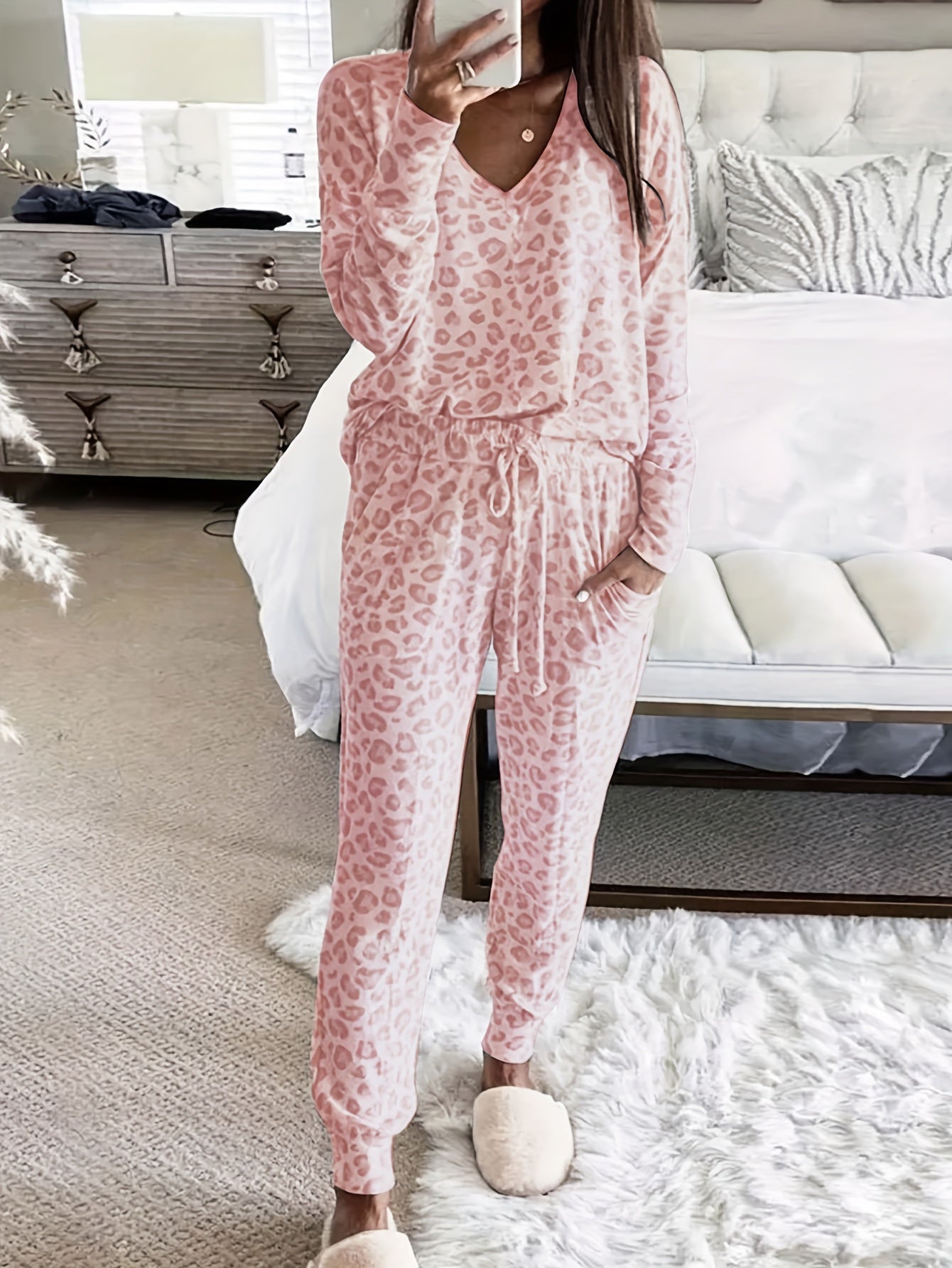 Leopard Print Lounge Set Long Sleeve V Neck Top & Lace Up Pants