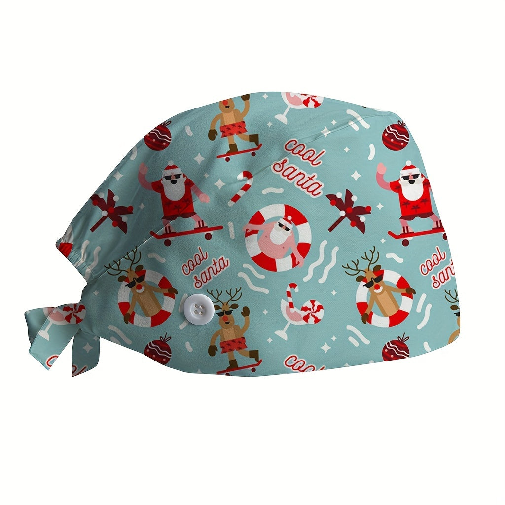 Christmas Cartoon Print Work Hat Elastic Nurse Cap Adjustable Scrub Hats