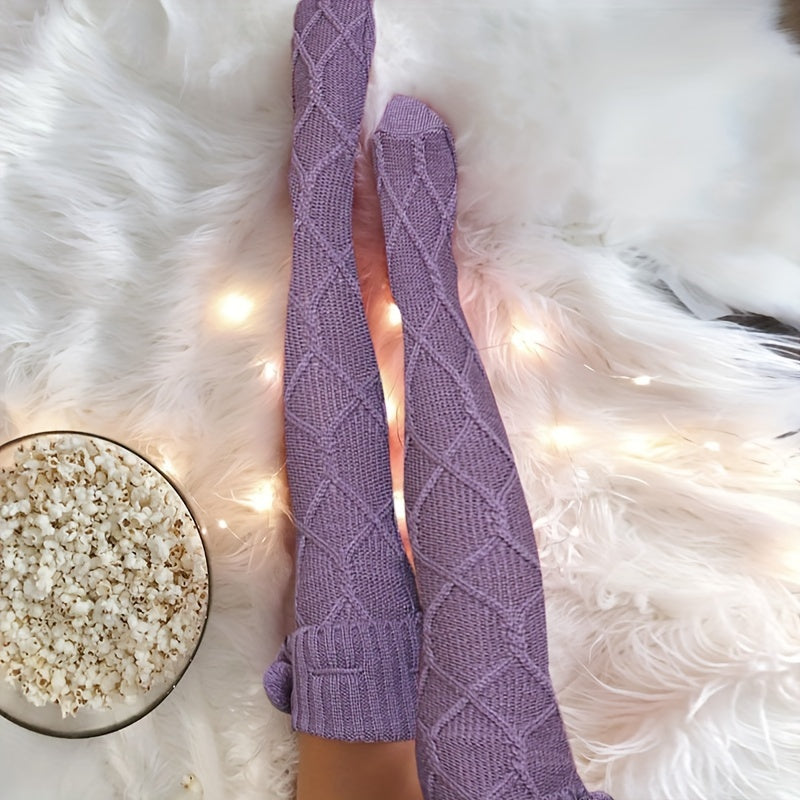 Argyle Calf Socks Pompom Decor Warm Knee High Socks Women's