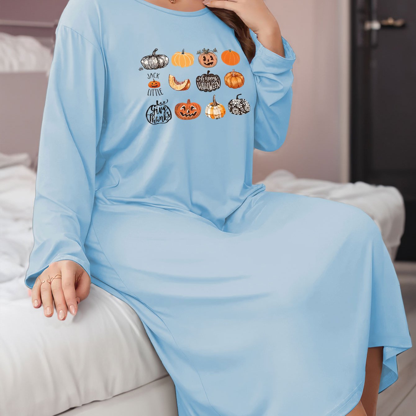Thanksgiving Pumpkin Graphic Long Sleeve Tee Dress