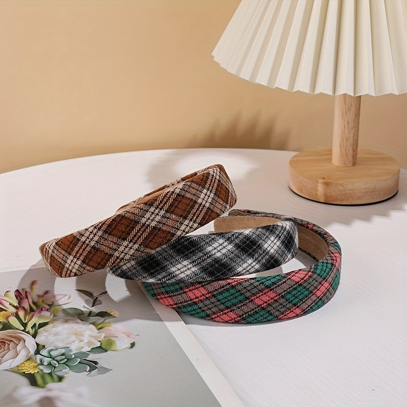 Plaid Pattern Wide Headband Soft Sponge Hair Hoop Vintage Hair Accessory