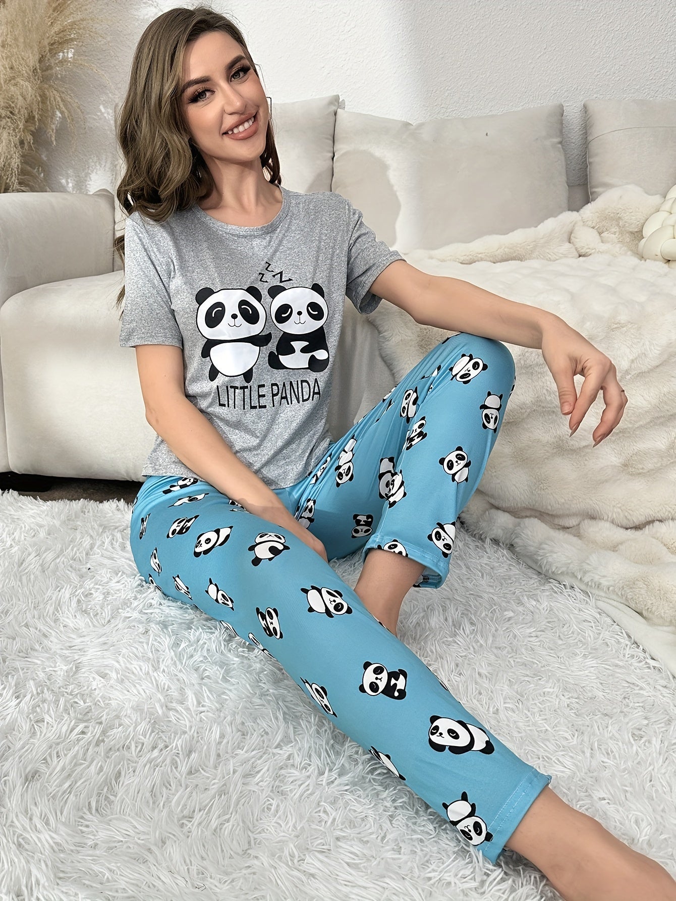 Panda Print Pajama Set Short Sleeve Top & Pants