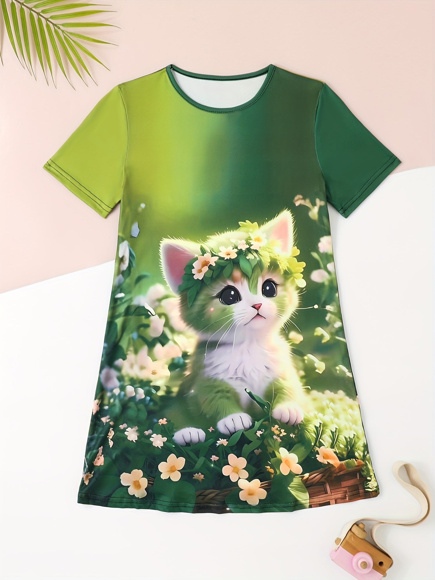 Sweet Flower Cat Print Crew Neck Short Sleeve Dress For Summer Party