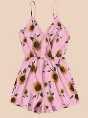 Sunflower Print Cami Romper Jumpsuit V Neck Sleeveless