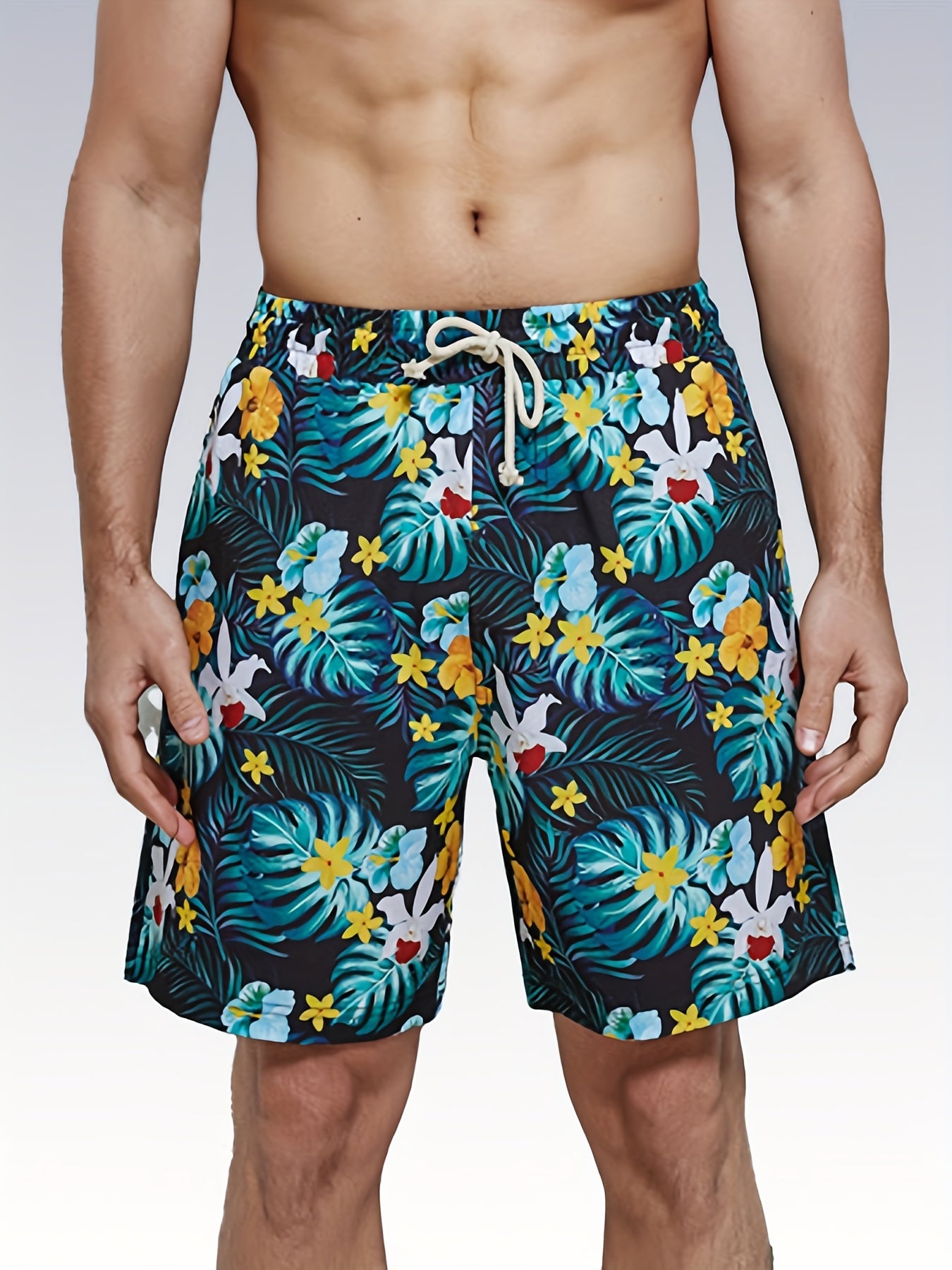 Tropical Flowers & Leaves Print Drawstring Shorts Men's Lounge Shorts