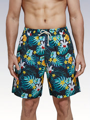 Tropical Flowers & Leaves Print Drawstring Shorts Men's Lounge Shorts