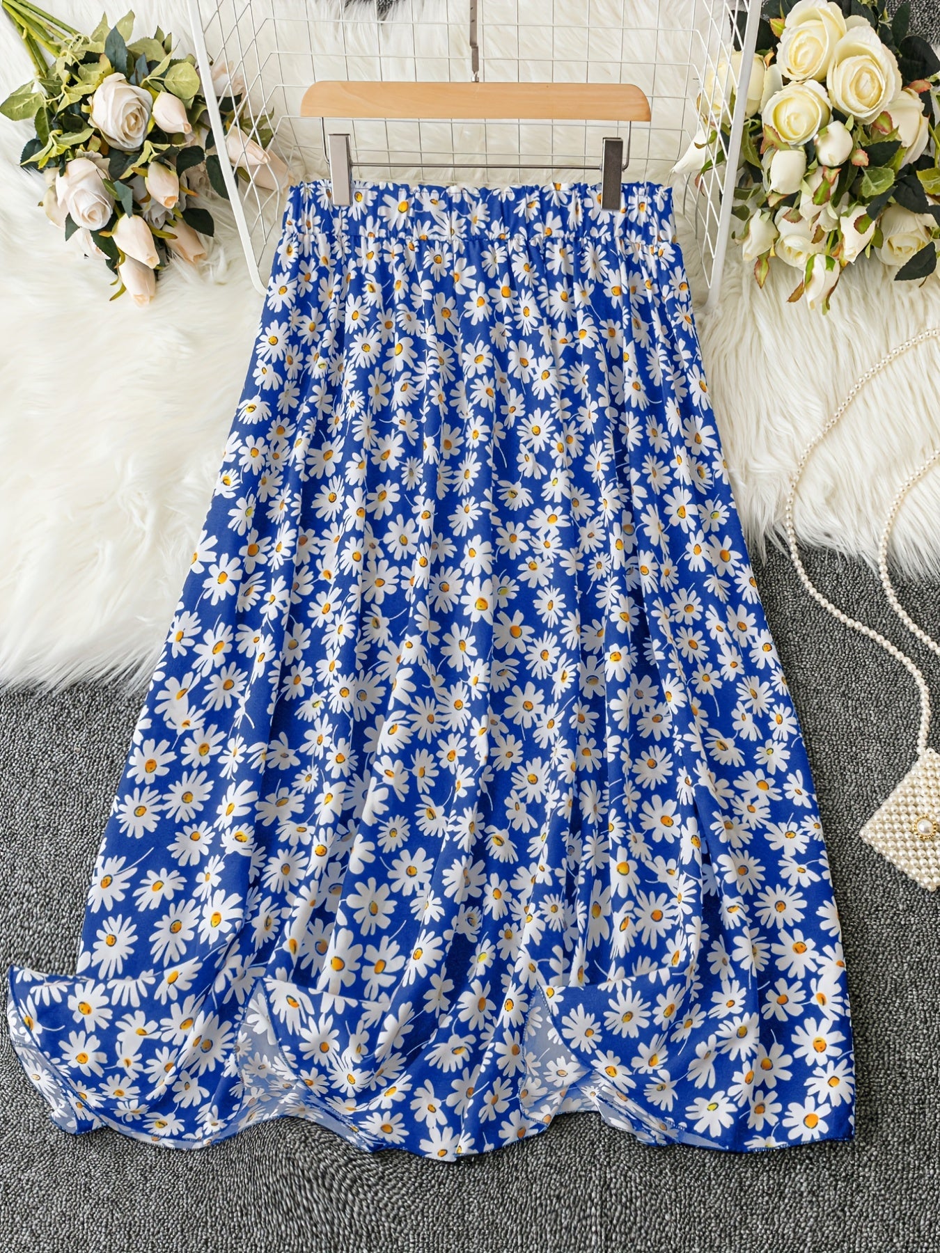 Boho Floral Print Maxi Skirt Women's Plus Size Elastic High Rise