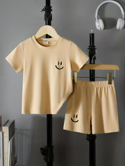 Boys Happy Face Casual Outfit T shirt & Shorts Kids Summer Clothes Sets