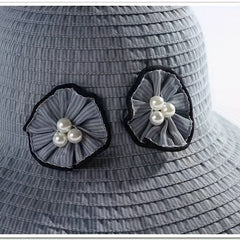 Striped Sun Hat Faux Pearl Wide Brim UV Protection Bucket Hat