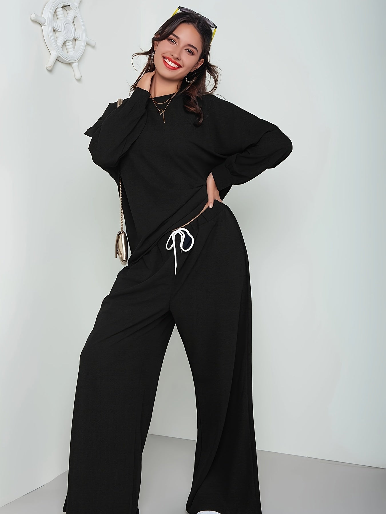 Casual Two Piece Set Solid Top & Wide Leg Pants