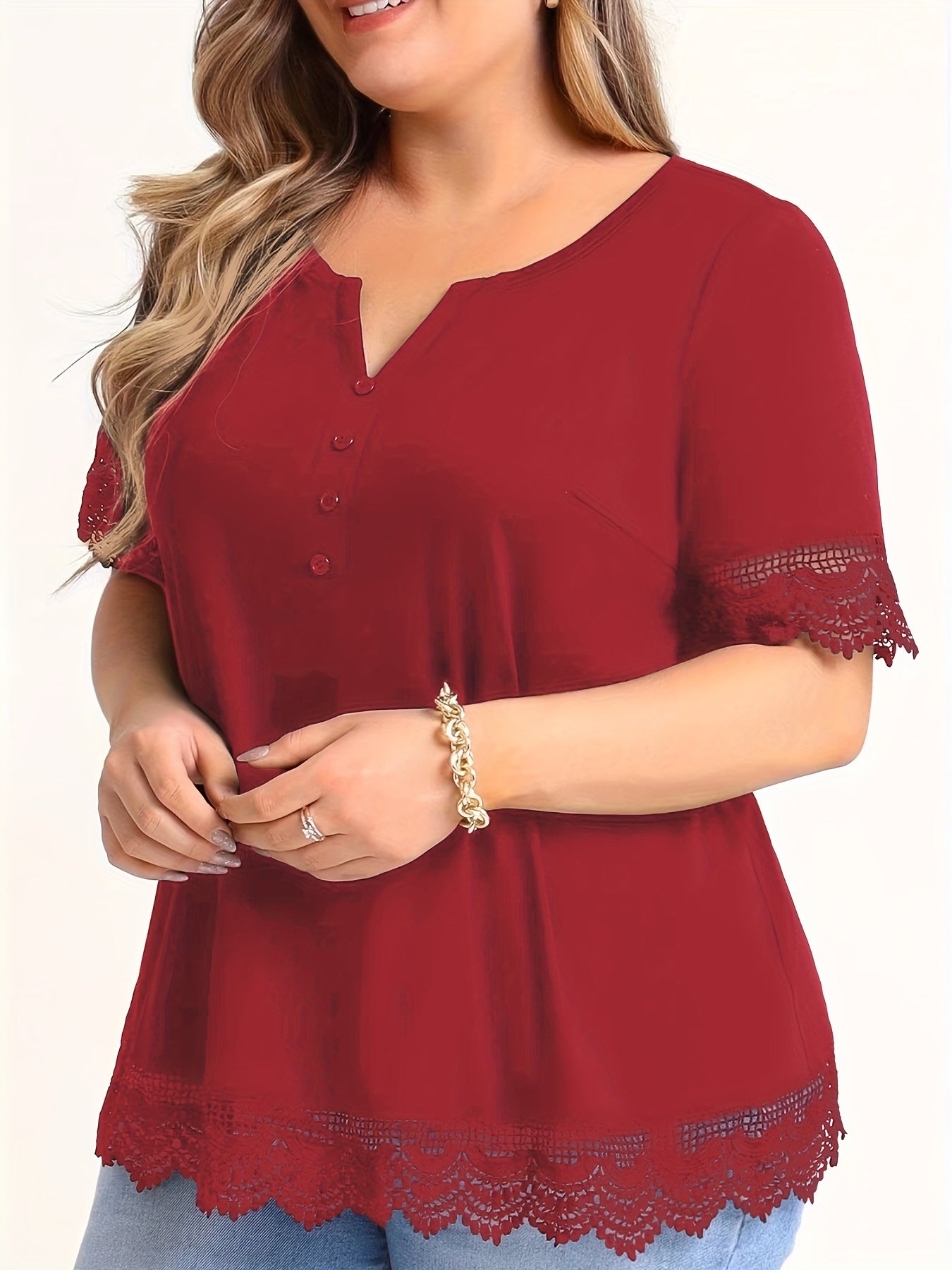 Eyelet Embroidered Plus Size Casual Top with Notched Neck