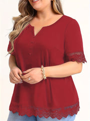 Eyelet Embroidered Plus Size Casual Top with Notched Neck