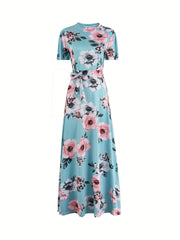 Floral Print Short Sleeve Stretch Dress