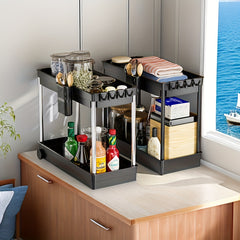 Under Sink Organizer with Sliding Basket and 4 Hooks