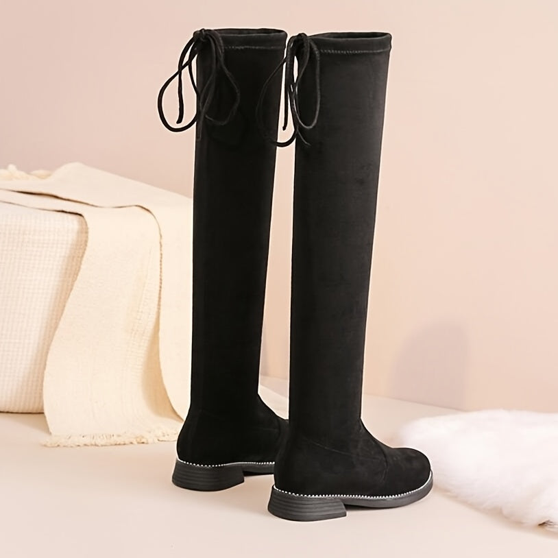 Suede Over Knee Boots Low Heel Lace Up Slip on Non-Slip Autumn Spring