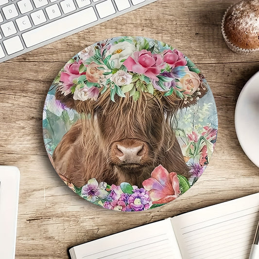 Floral Highland Cow Mouse Pad Round Mouse Mat Non Slip Rubber Base