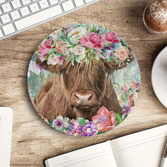 Floral Highland Cow Mouse Pad Round Mouse Mat Non Slip Rubber Base