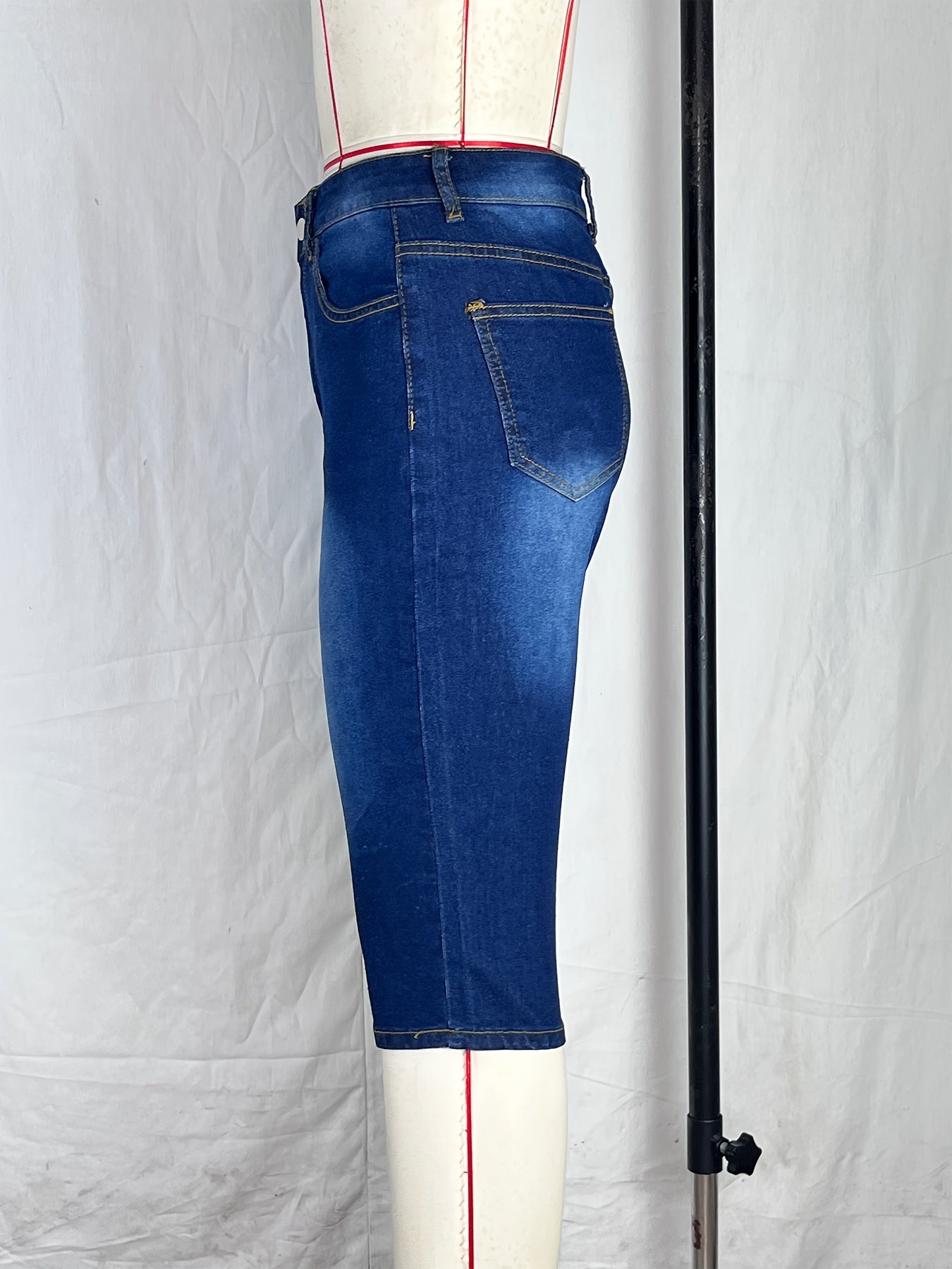 Slim Fit Cropped Jeans Slash Pockets Mid Stretch Capris Denim Pants
