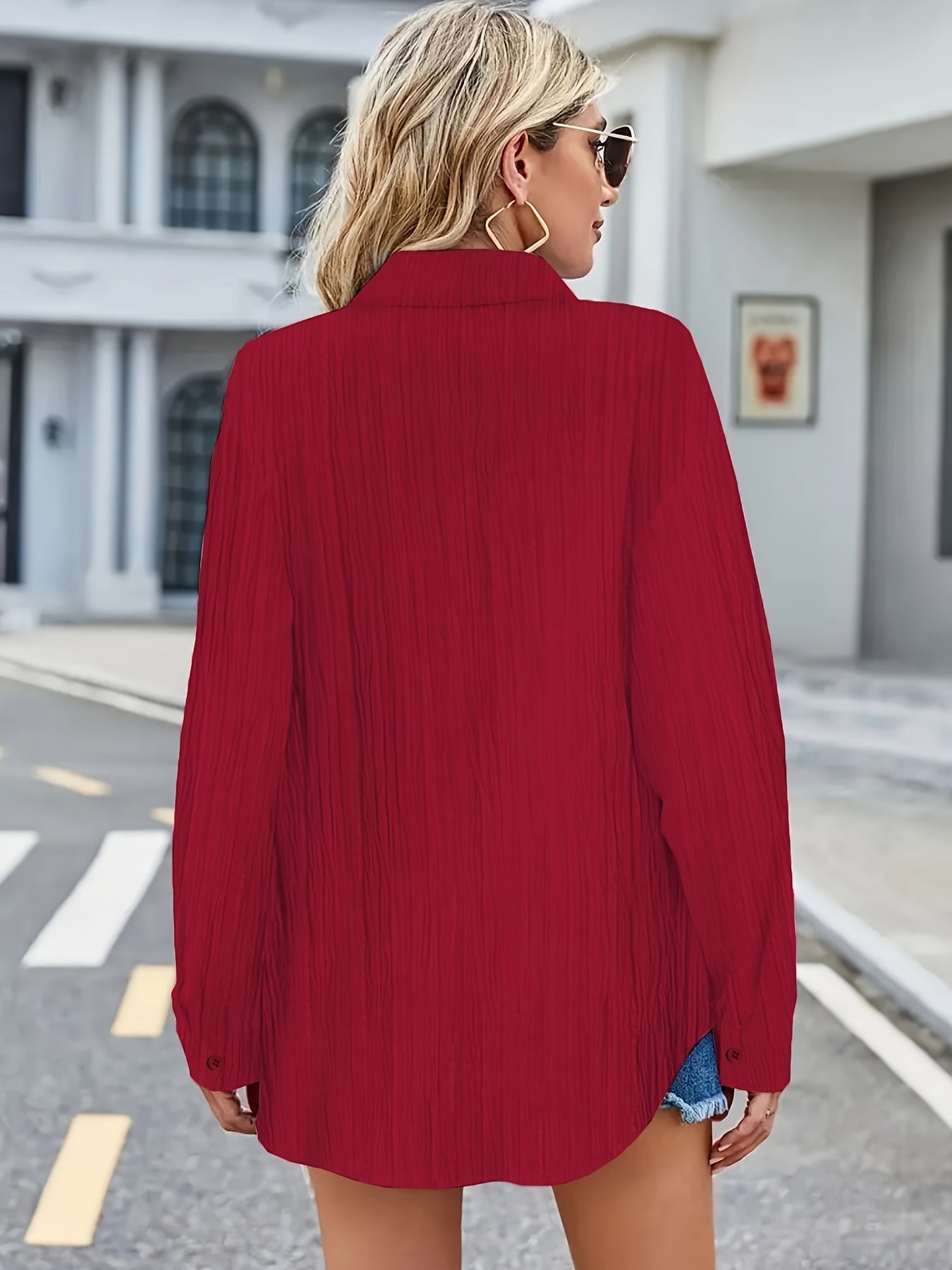Ribbed Long Sleeve Button Up Blouse
