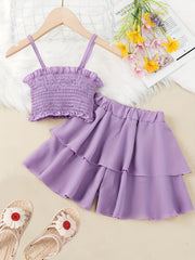 2pcs Toddler Girls Shirred Cami Crop Top & Ruffle Trim Shorts Set