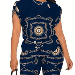 Women's Plus Baroque Print Pin Detail Top & Shorts Set