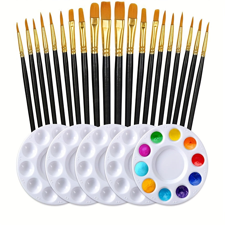 20 Round Nylon Hair Paint Brushes Set for Acrylic & Watercolor