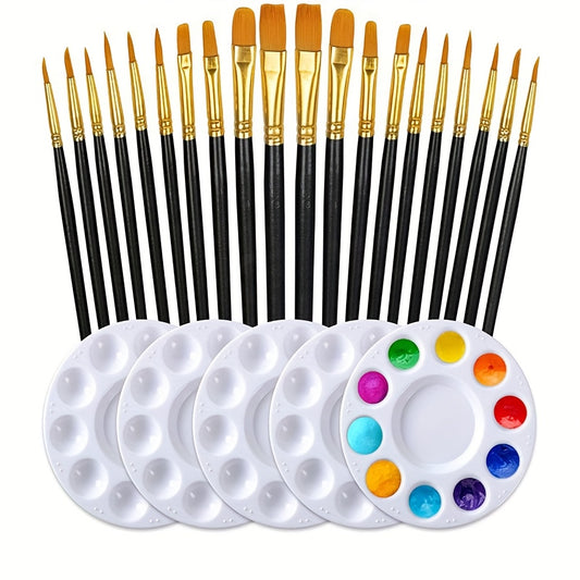 20 Round Nylon Hair Paint Brushes Set for Acrylic & Watercolor