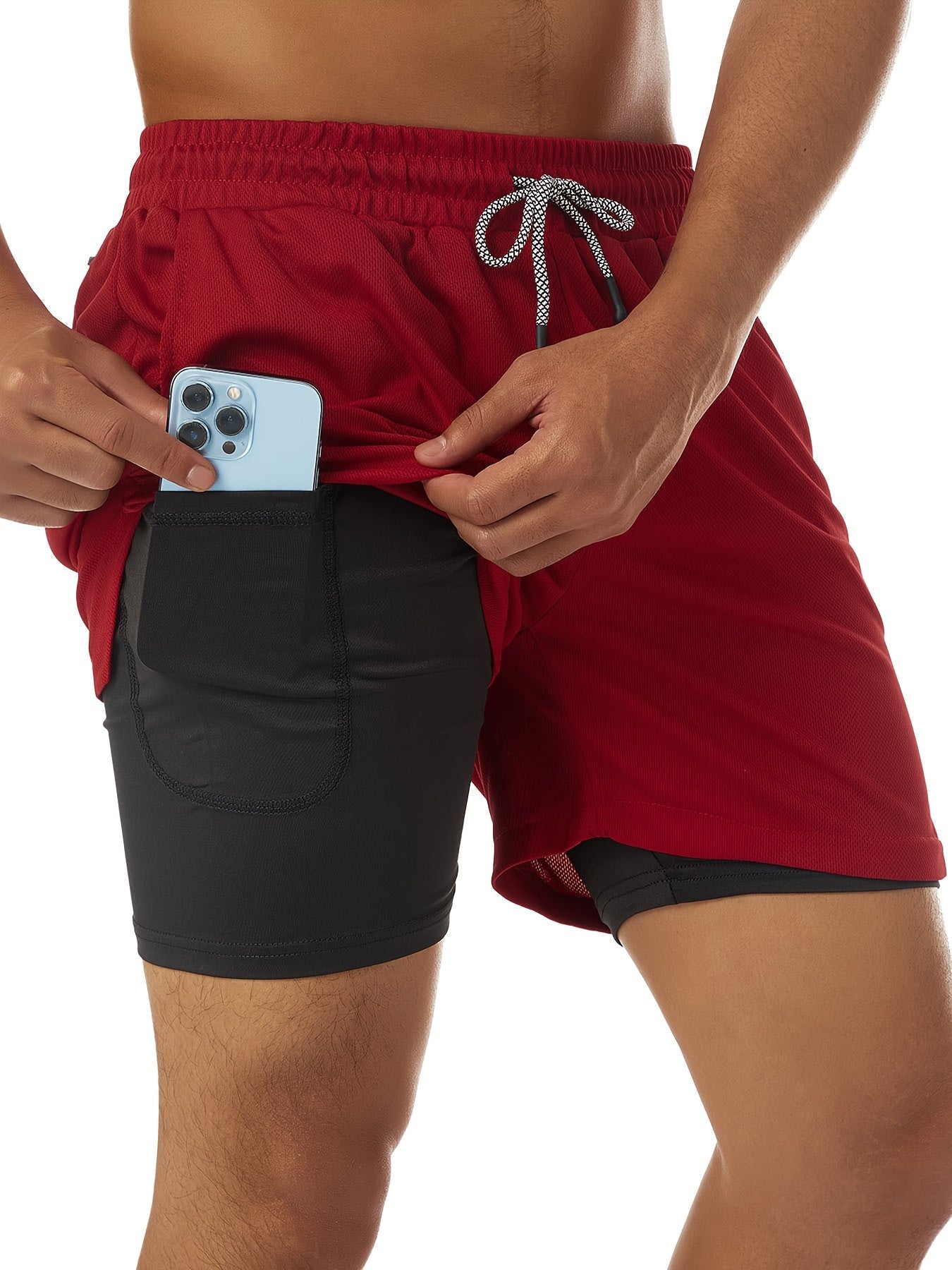 Men's 2-Layer Gym Running Shorts w/ Pockets Quick Dry Active Drawstring
