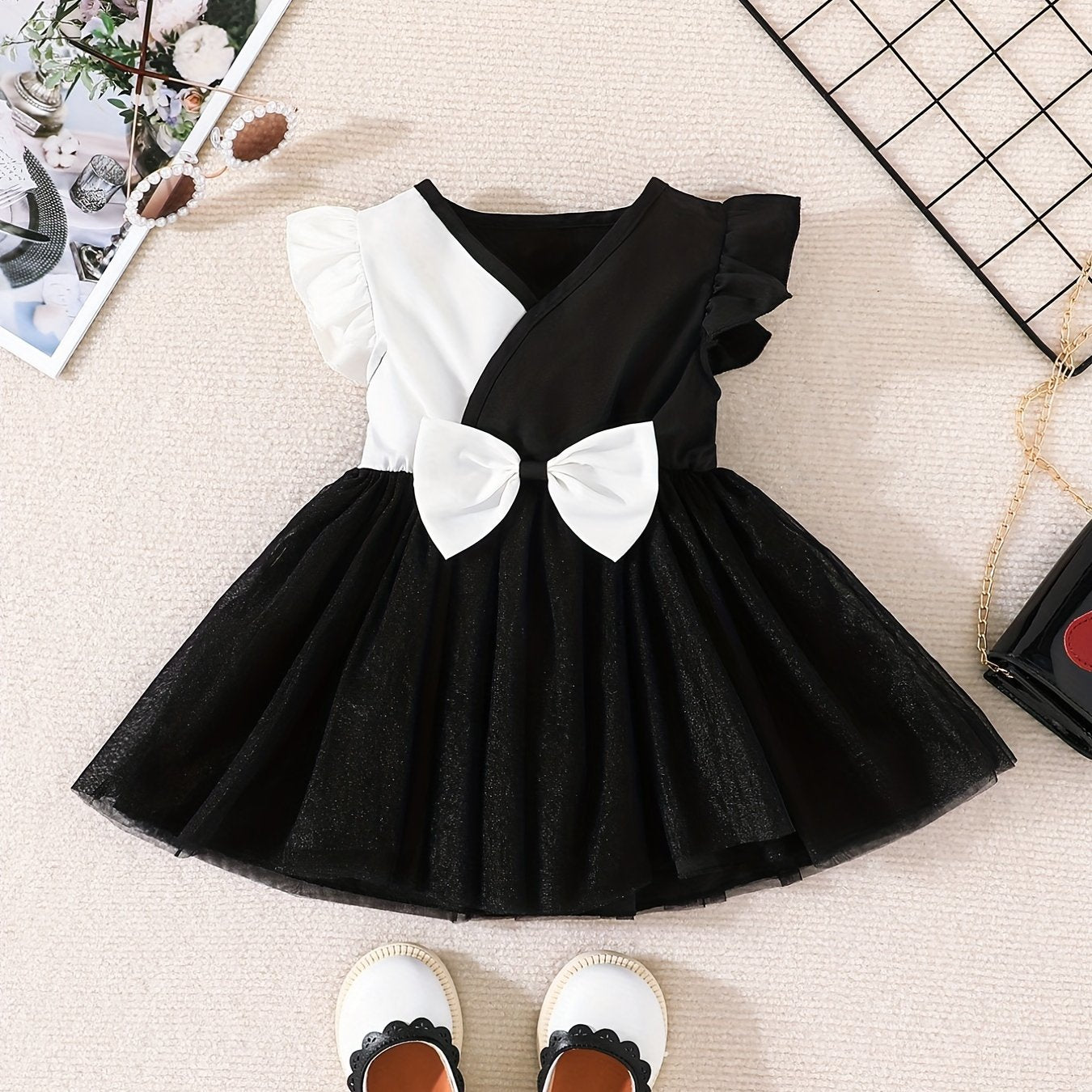 Baby Girls Block Bow Ruffle Sleeve Dress for Summer