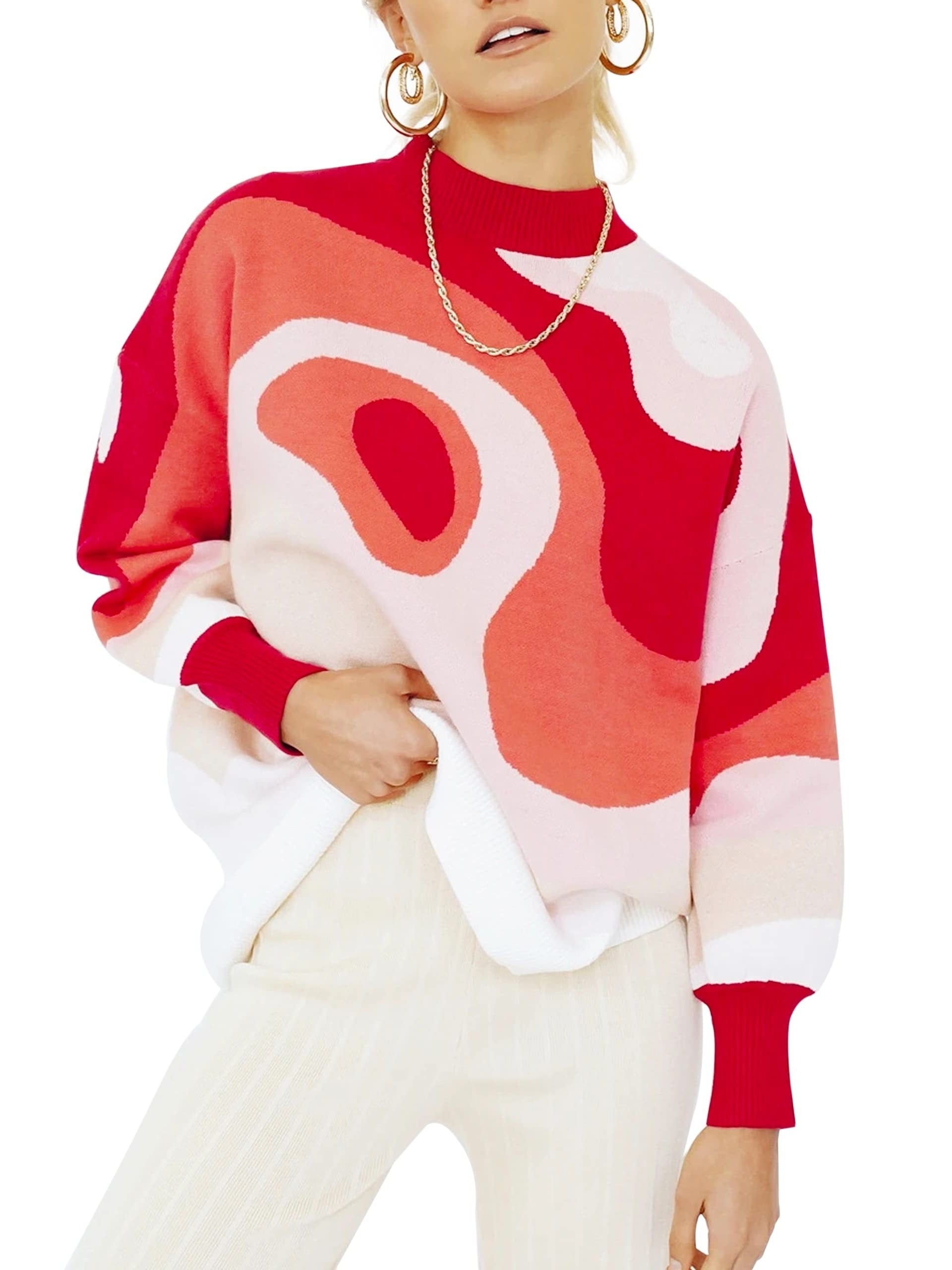 Abstract Print Long Sleeve Mock Neck Sweater