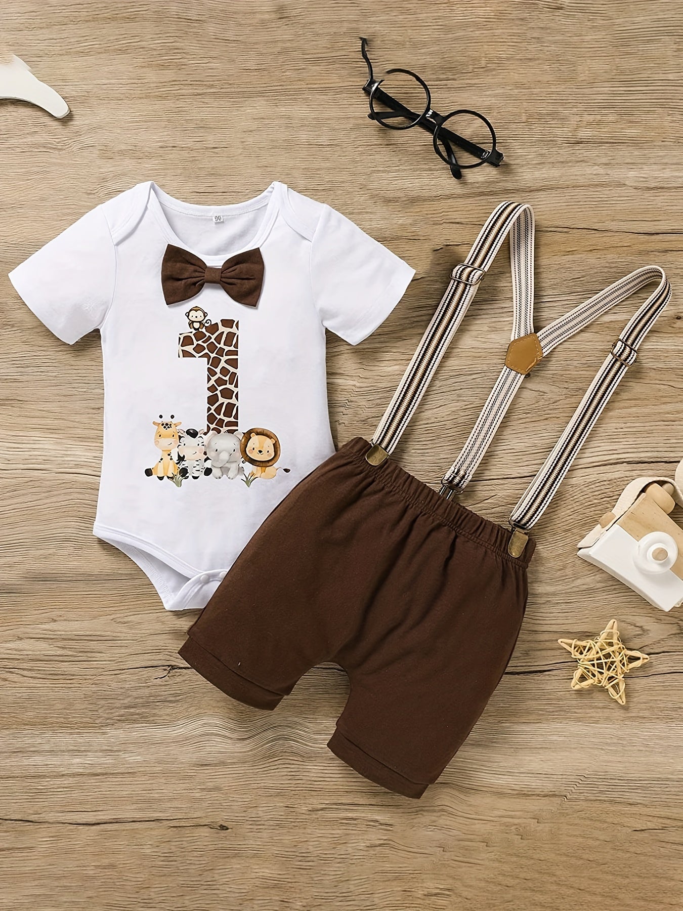 Baby Boy 1st Birthday Outfit Funny Cartoon Graphic Bow Tie Romper & Bib Pants