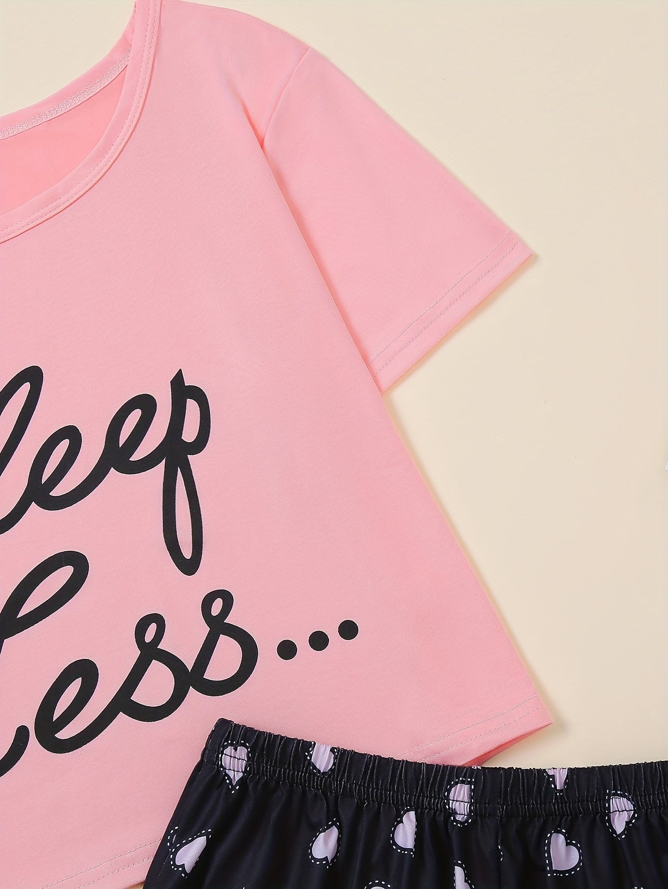 Letter Print Pajamas Set Short Sleeve Top & Shorts Women's Sleepwear