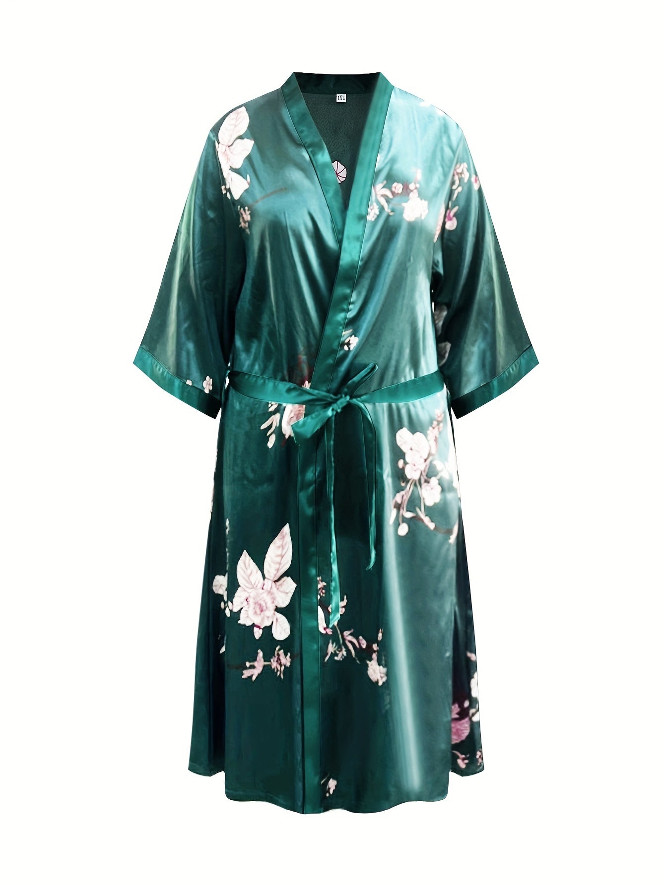 Floral Print Satin Robe With Belt Plus Loungewear Nightgown