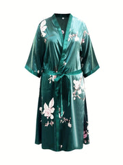 Floral Print Satin Robe With Belt Plus Loungewear Nightgown
