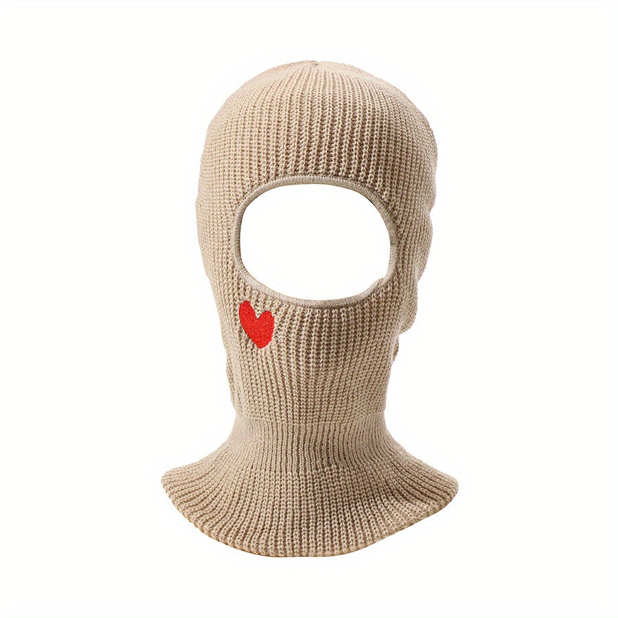 Red Heart Embroidery Ski Mask Solid Beanie Knitted Face Covering Elastic