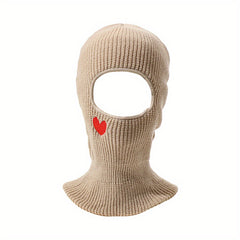 Red Heart Embroidery Ski Mask Solid Beanie Knitted Face Covering Elastic